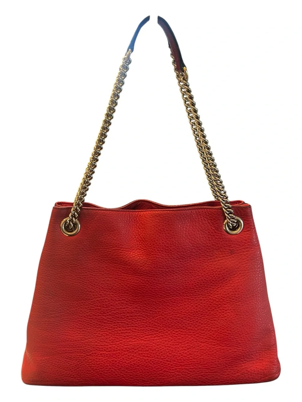 Gucci Soho Red Pebbled Leather Chain Tote Shoulder Bag GG Tassel Gold Dust Bag